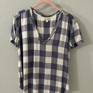 Cloth & Stone Navy and Cream Plaid Short Sleeve Top